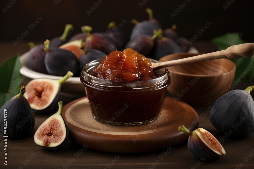  figs and a jar of jam on a plate with a wooden spoon and a bowl of figs in front of them on a table