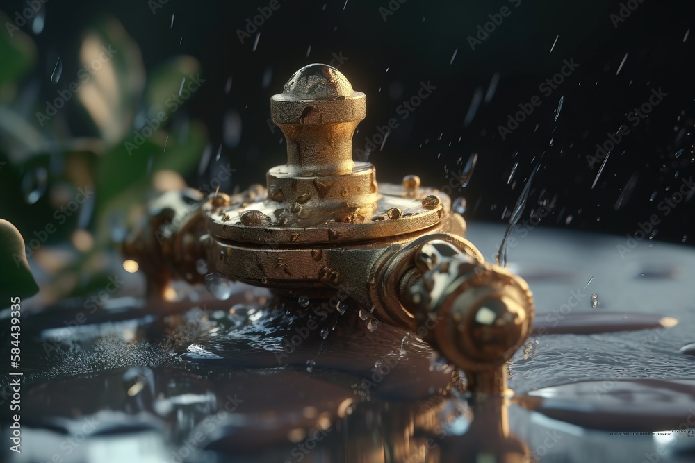  a close up of a water faucet with drops of water on it and a green plant in the background with rai