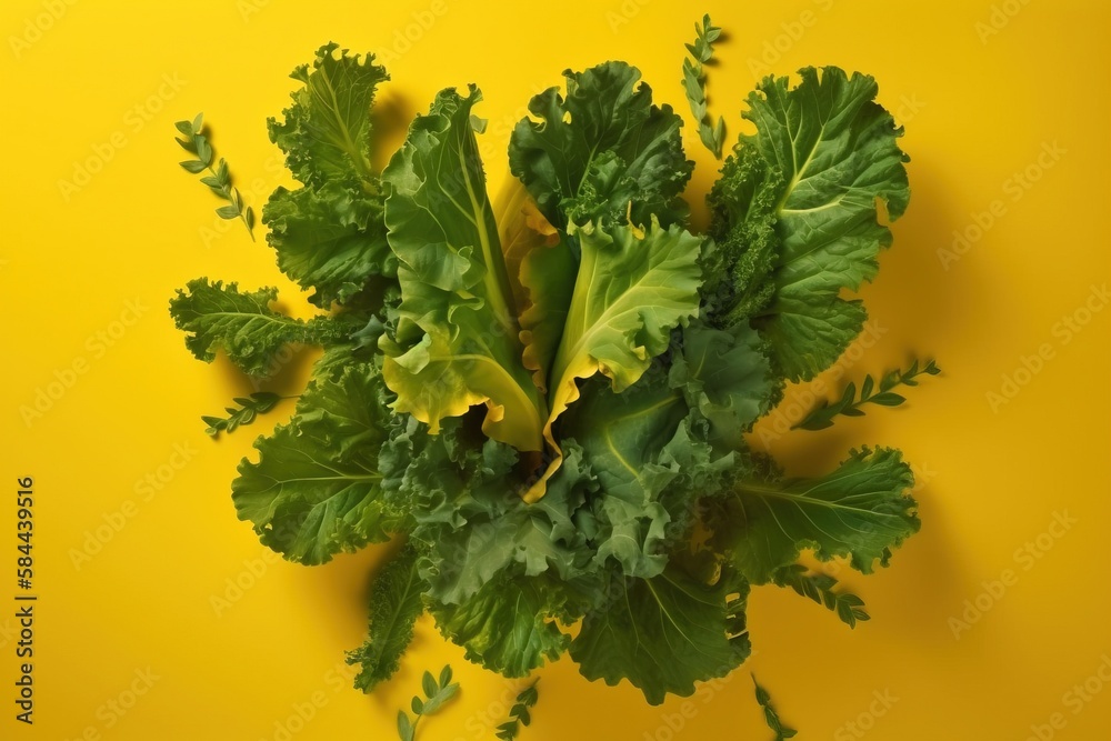  a bunch of green leafy vegetables on a yellow background, top view, from above, with a place for te