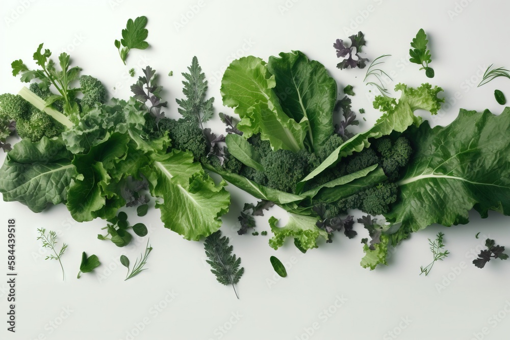  a bunch of green leafy vegetables on a white surface with leaves scattered around them and a few ot