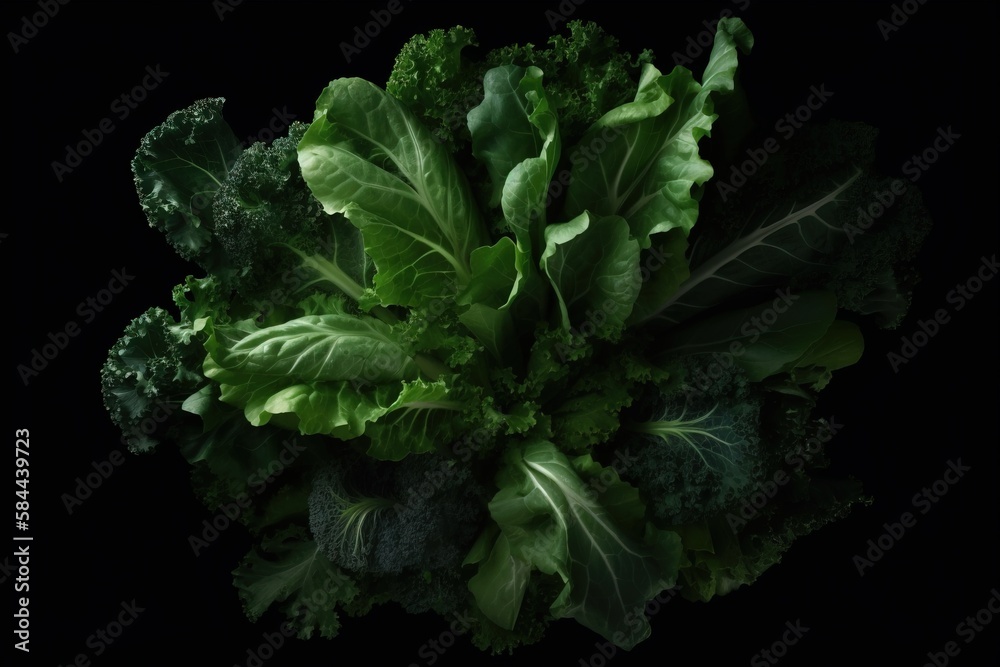  a bunch of green leafy vegetables on a black background with a black back drop of light from the to