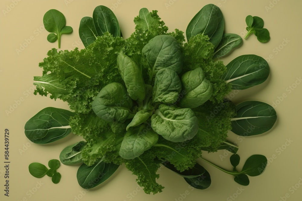  a bunch of green leafy vegetables on a yellow surface with leaves around them and a few green leave
