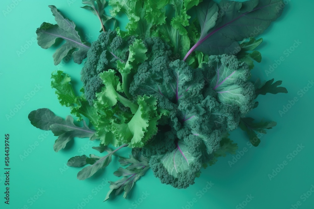  a pile of green leafy vegetables on a blue background with a green background behind it and a green