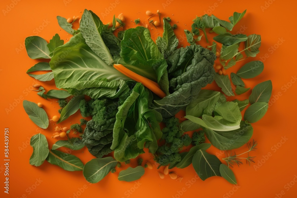  a pile of green leafy vegetables on an orange surface with a carrot in the middle of the pile and s