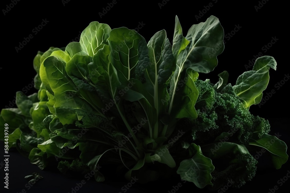  a bunch of green leafy vegetables on a black background with a black background behind them and a b