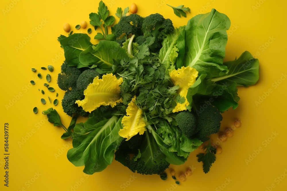  a pile of green leafy vegetables on a yellow background with yellow and green leaves on the top of 