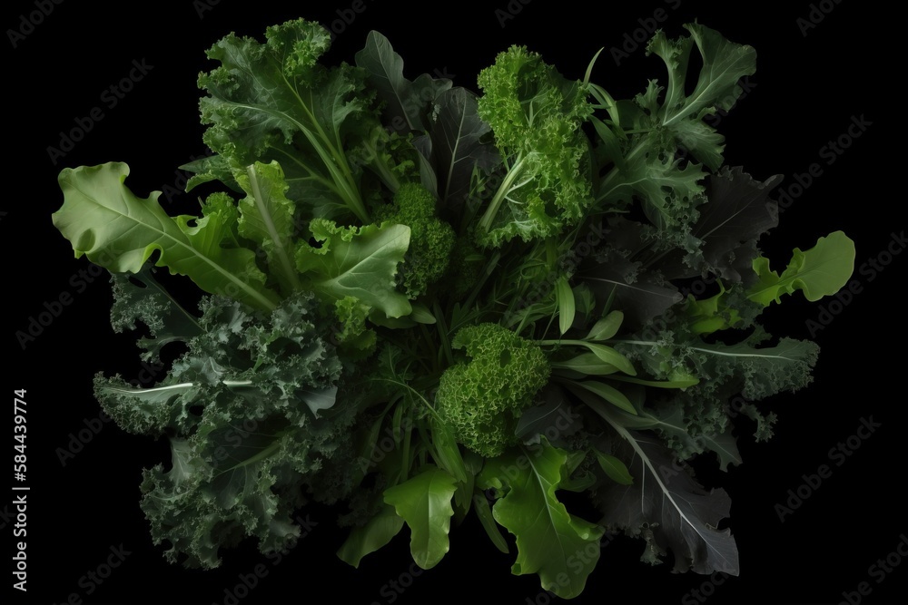  a bunch of green leafy vegetables on a black background with a black background behind it, with a b