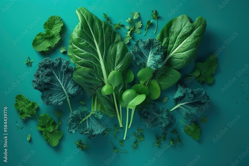  a group of green vegetables on a blue surface with leaves and sprouts on the side of the image, inc