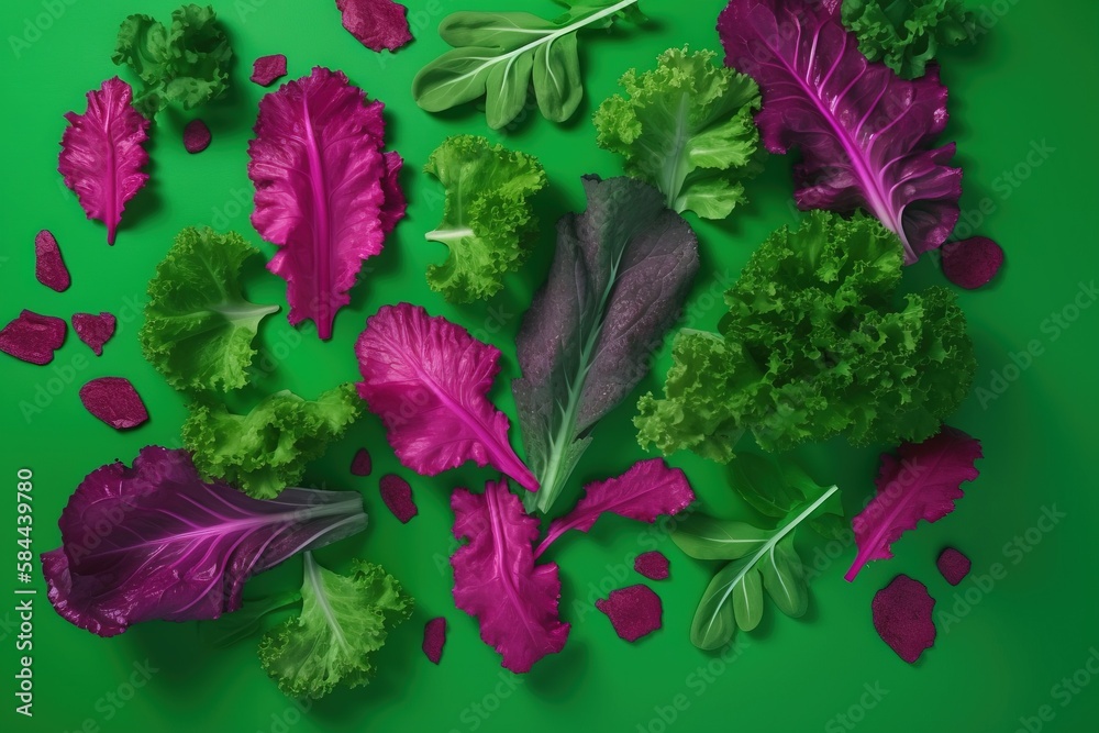  a bunch of green and purple leafy vegetables on a green surface with a leafy stalk of broccoli in t