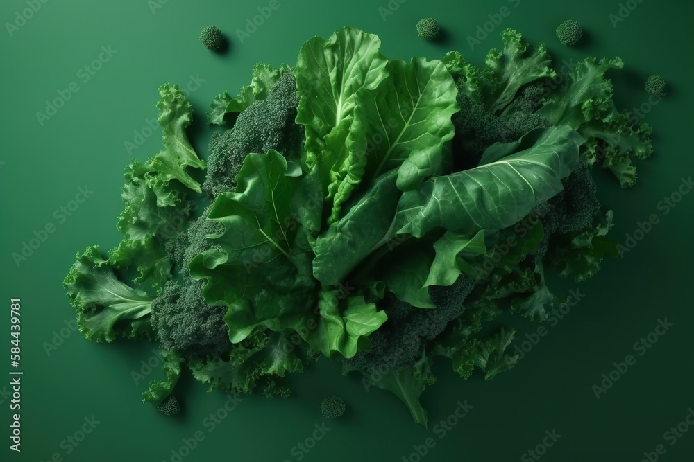  a pile of green leafy vegetables on a green surface with scattered seeds on the side of the image a