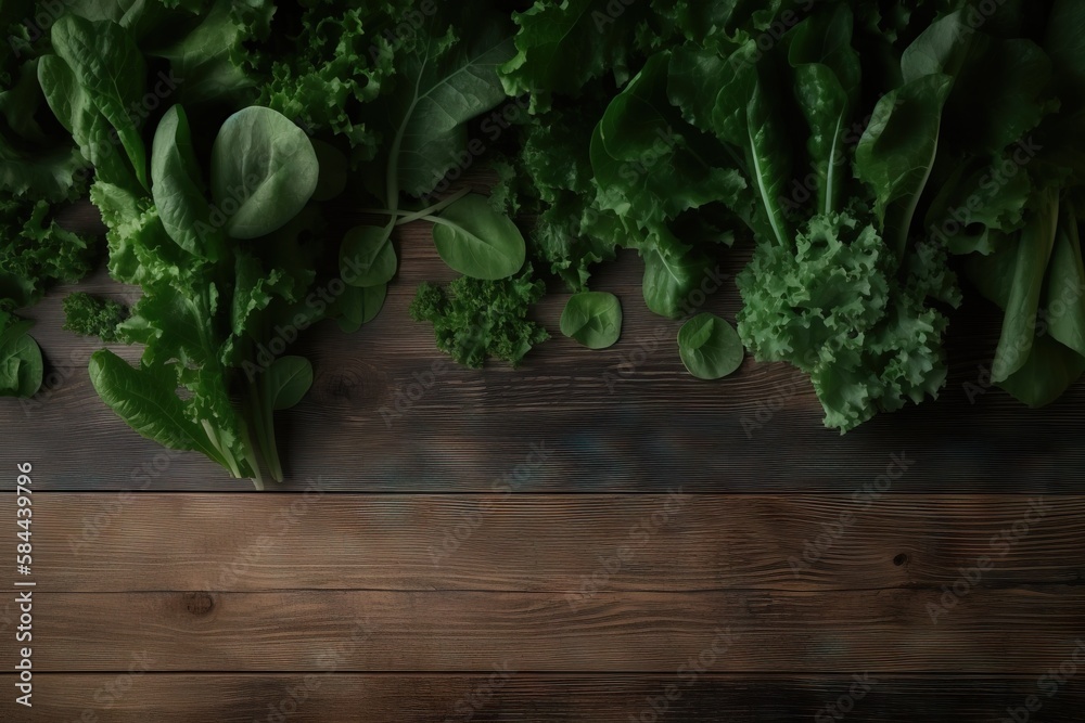  a bunch of green leafy vegetables on a wooden table with space for a text or image on the side of t