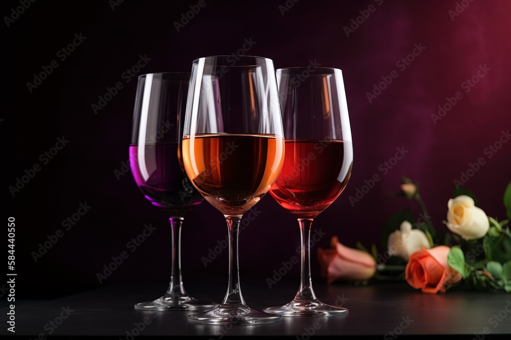  three glasses of wine sitting on a table next to a bouquet of roses and a vase of flowers on a tabl