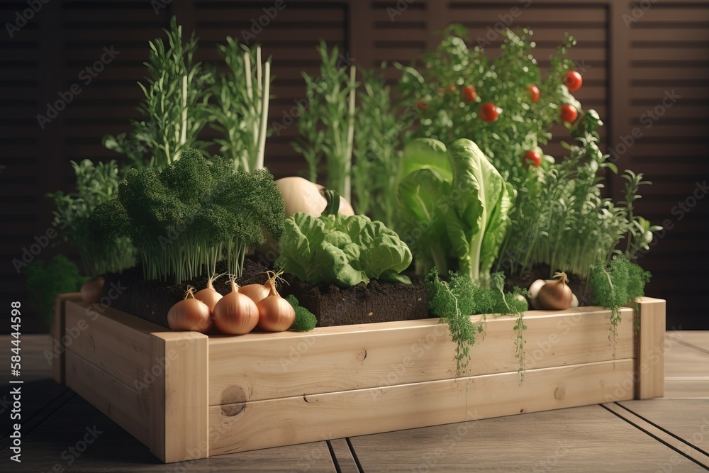  a wooden planter filled with lots of green plants and veggies on top of a wooden table next to a wi