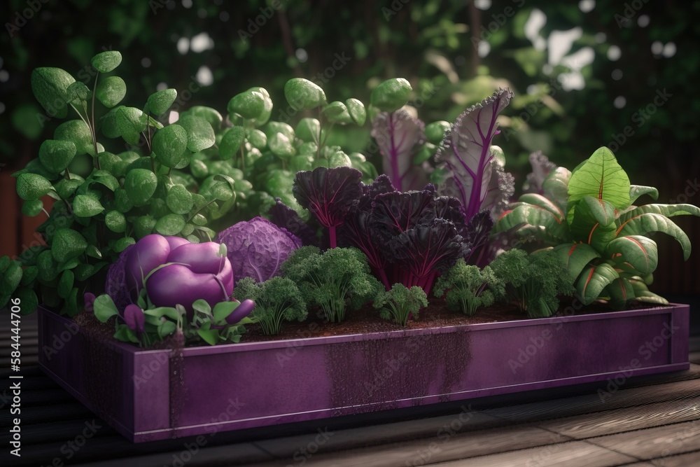  a purple planter filled with lots of green and purple flowers and plants next to a wooden deck with