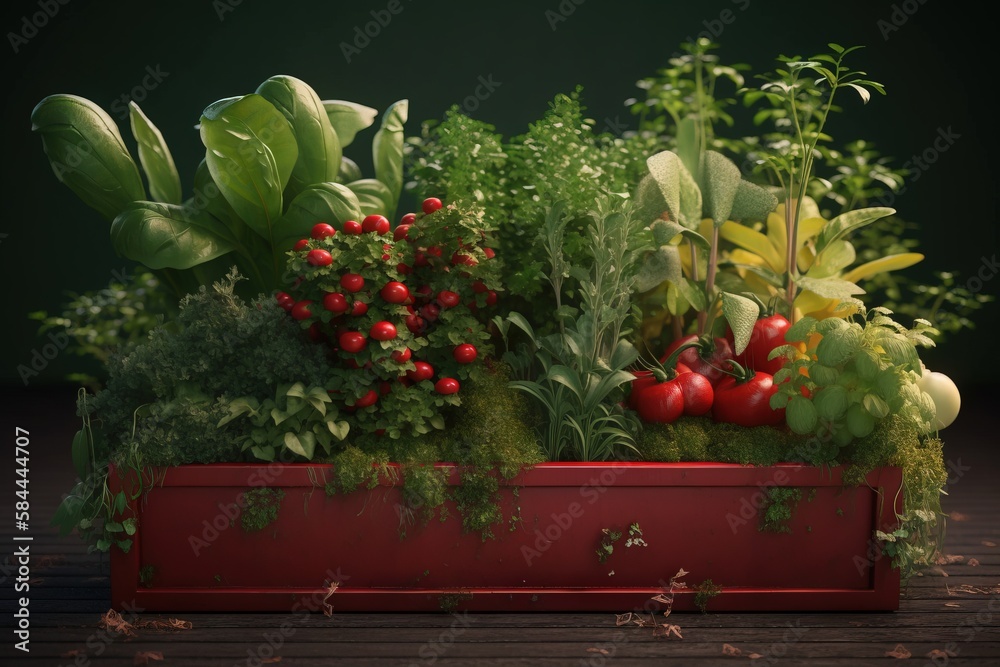  a red box filled with lots of different types of vegetables and plants in its centerpiece, on a wo