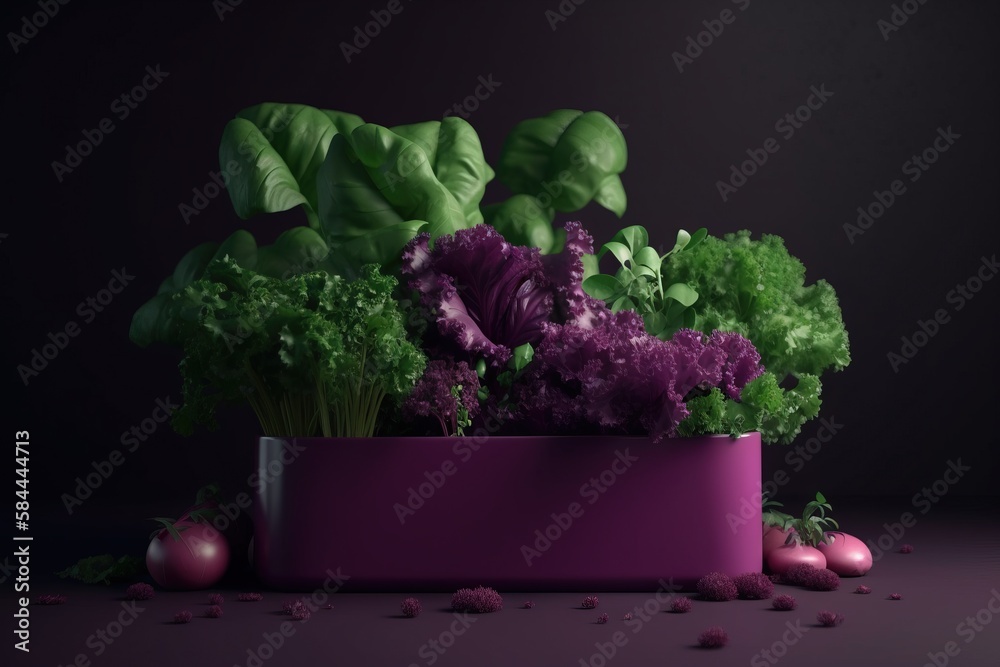  a purple container filled with lots of green and purple vegetables and vegetables on a purple table