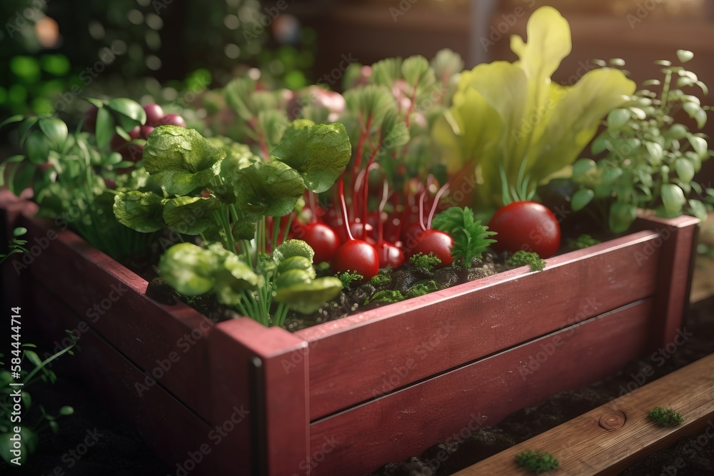  a wooden planter filled with lots of green and red vegetables and plants growing in its sides and 