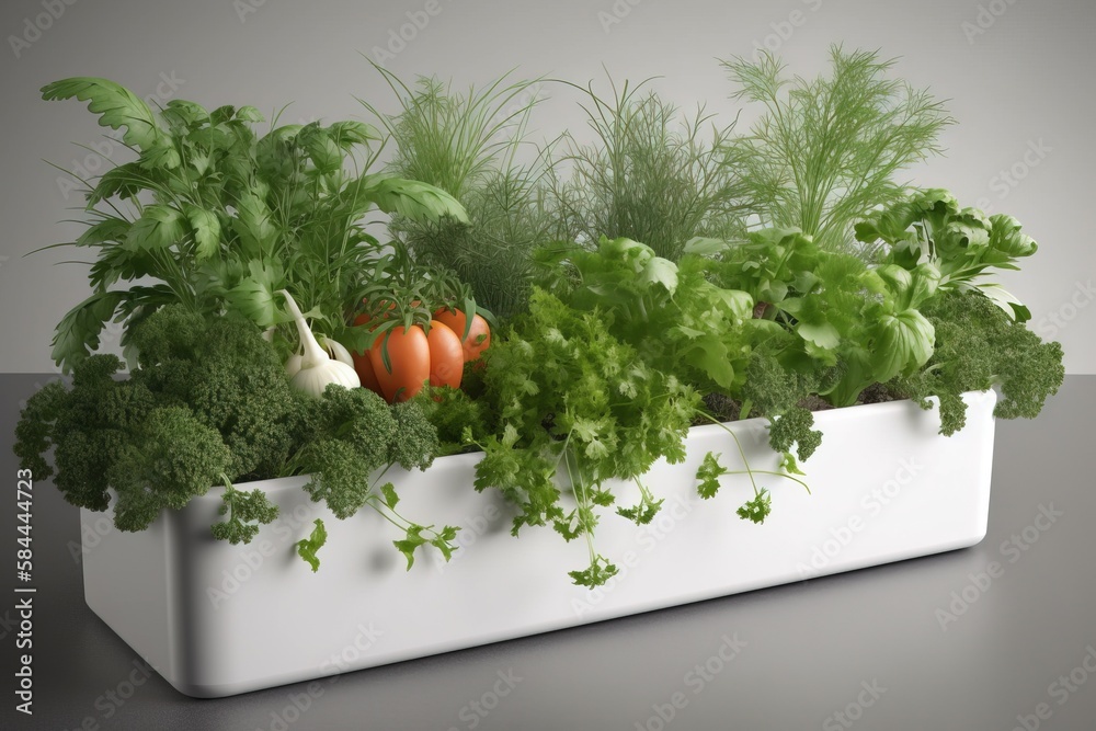  a white planter filled with lots of green vegetables and vegetables on top of a table next to a whi
