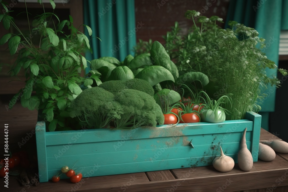  a blue box filled with lots of vegetables on top of a wooden table next to green curtains and a blu