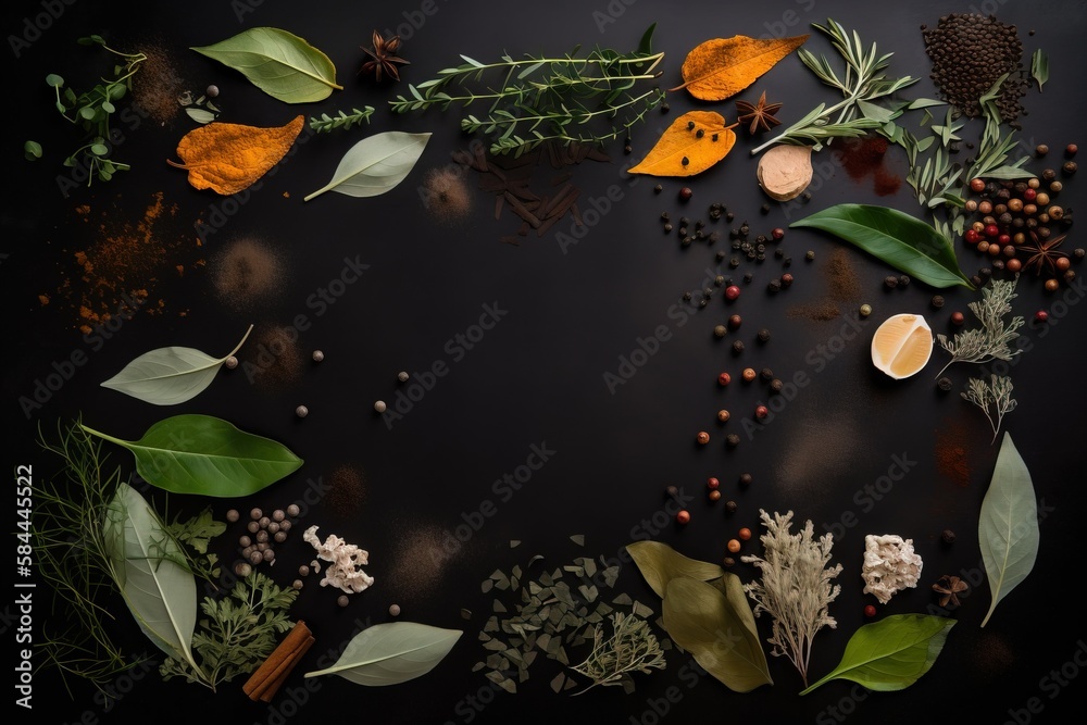  a black table topped with lots of different types of plants and spices on top of each other and sur