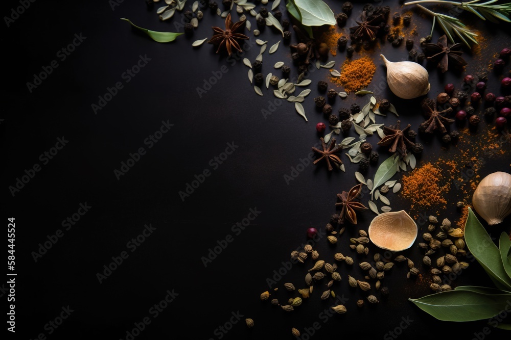  spices and herbs on a black surface with leaves and spices on the side of the image and a spoon wit