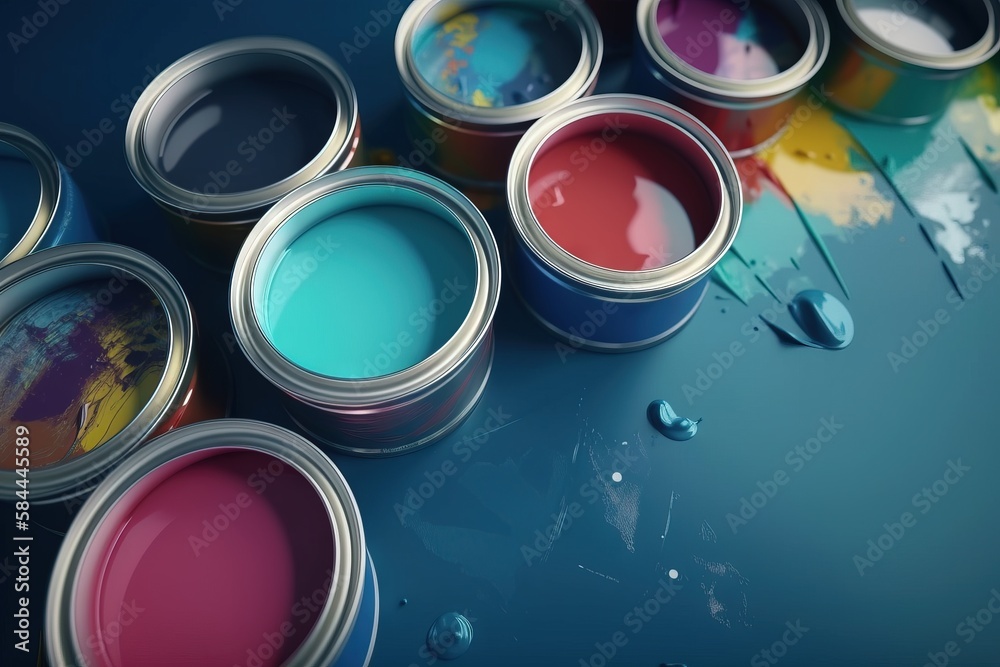  a group of paint cans with different colors of paint on them and a brush in the middle of the cans 
