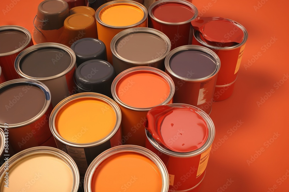  a group of paint cans with different colors of paint in them on an orange background with a red flo