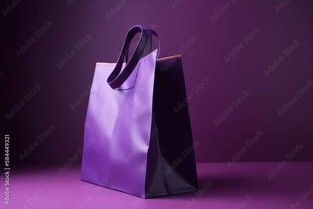  a purple shopping bag sitting on a purple surface with a black handle and a gold stripe on the top 