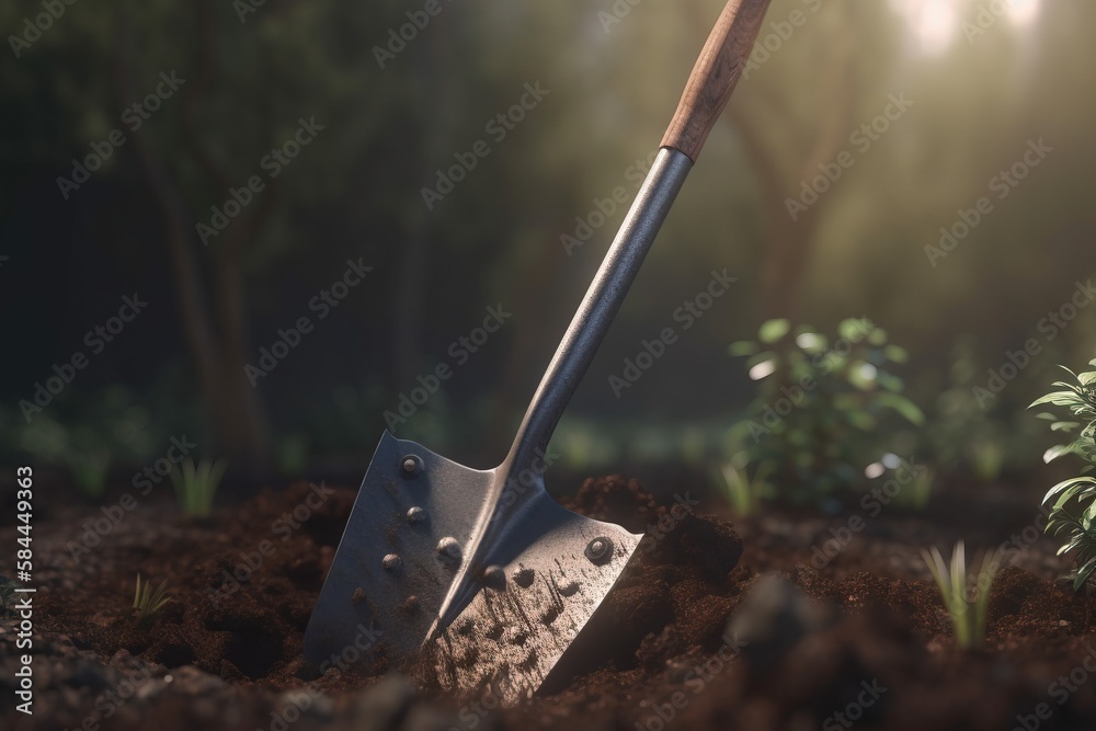  a shovel is stuck in the ground with dirt and grass in the foreground, and a bush in the background