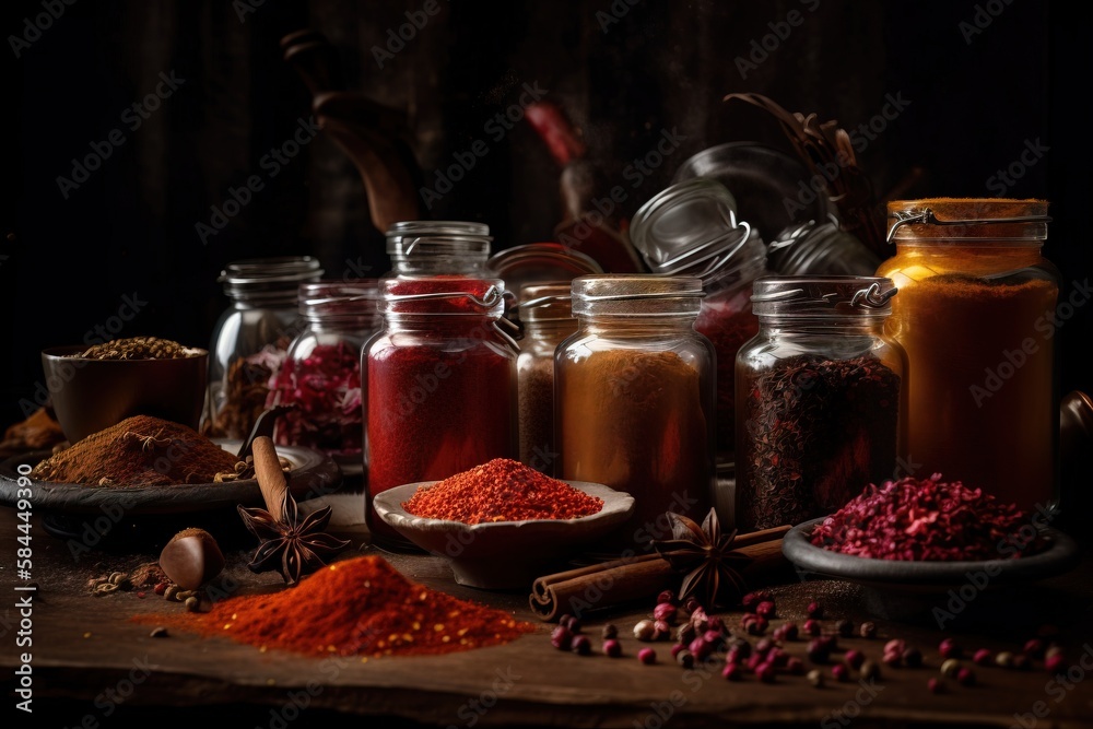  a table topped with lots of jars filled with different types of spices and spicess on top of a wood