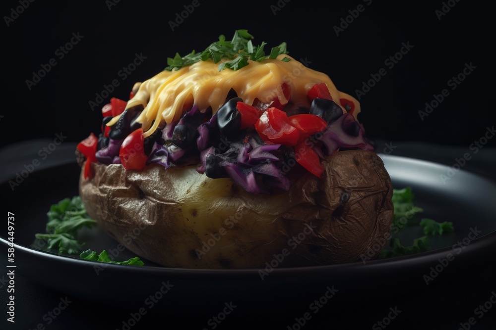  a baked potato covered in colorful toppings on a black plate with a black tablecloth underneath it 
