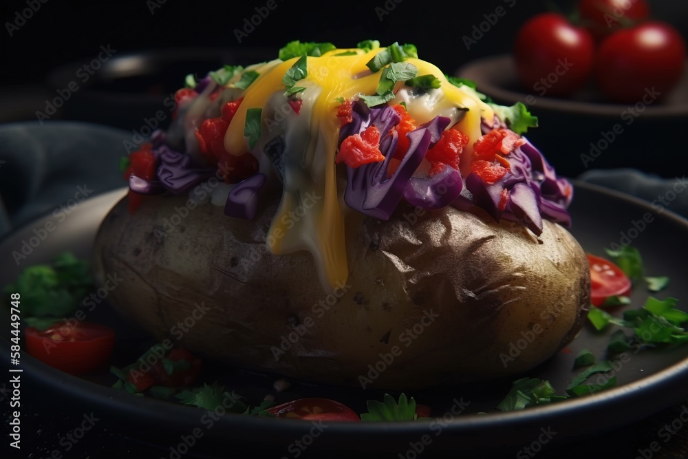  a loaded baked potato on a plate with a side of tomatoes and lettuce on the side of the plate, with