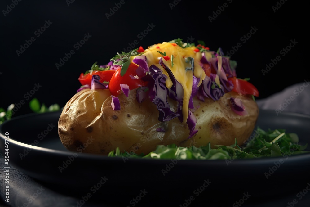  a black plate topped with a piece of bread covered in cheese and veggies and sprinkled with colored