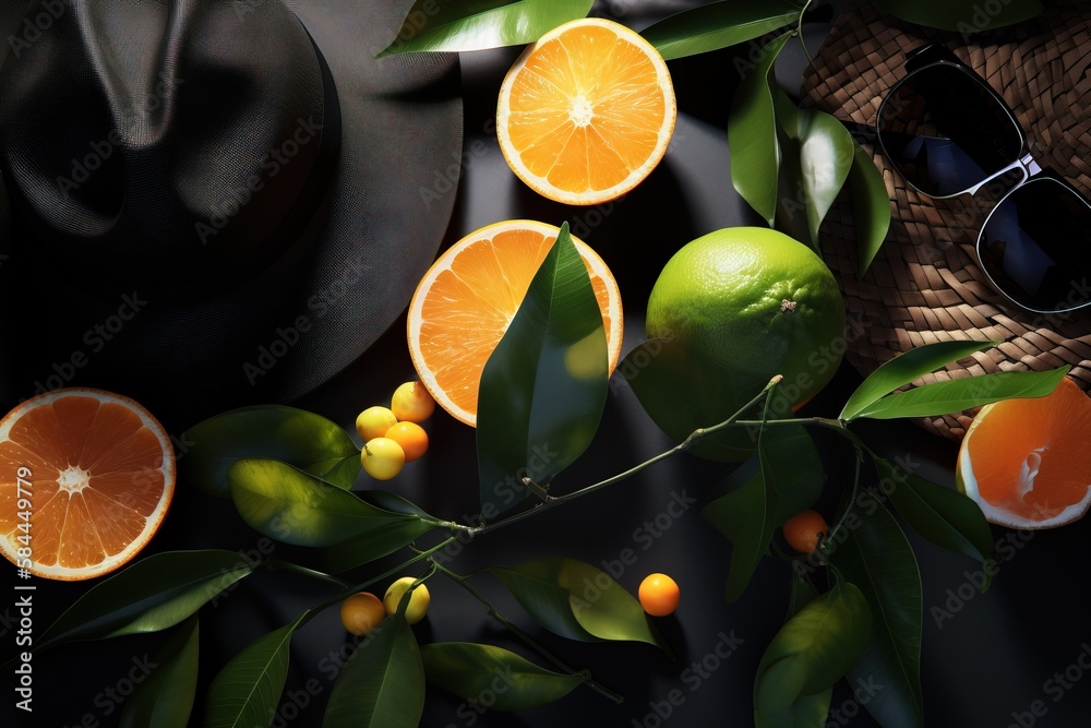  a hat, sunglasses, oranges, and a straw hat on a black surface with leaves and fruit on it, includi