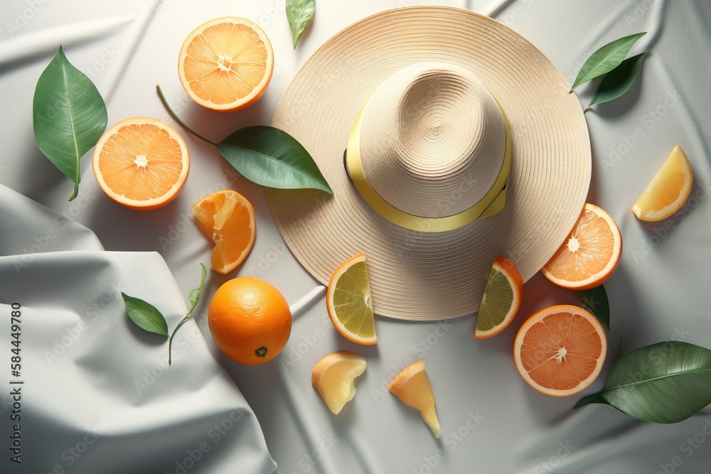  a hat is surrounded by oranges and leaves on a white tablecloth with a white cloth behind it and a 