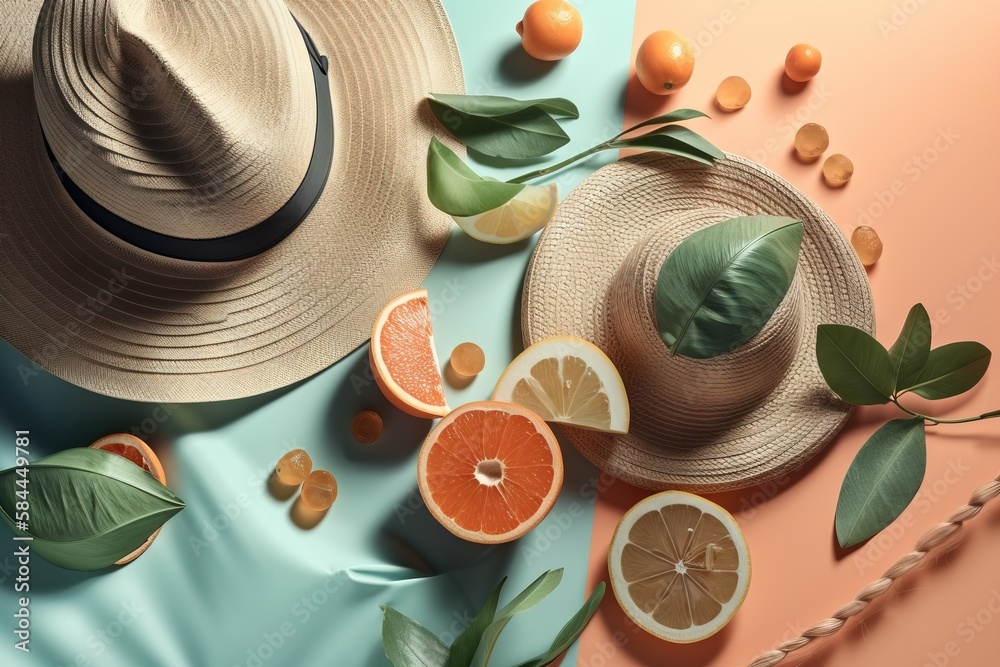  a hat, orange slices, and leaves on a blue and pink background with a straw hat on top of it and a 