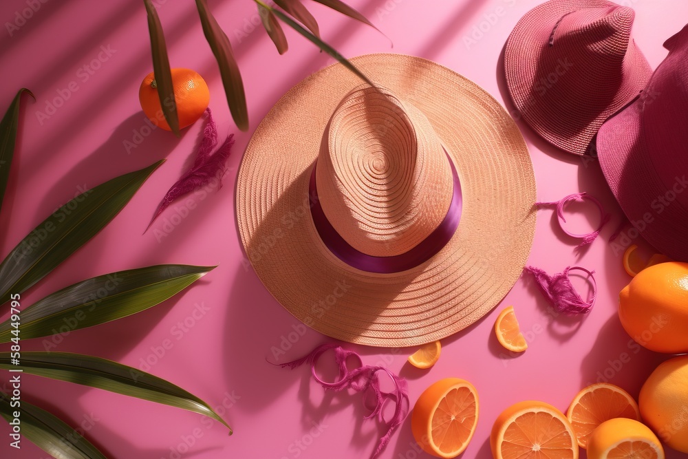  a pink hat, oranges, and palm leaves on a pink background with a pink background and a pink backgro