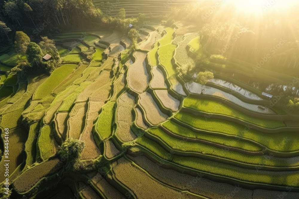 Green rice terraces with warm morning sunlight Illustration AI Generative.