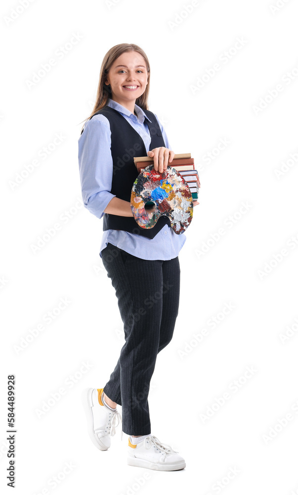 Drawing teacher with paint palette and books on white background