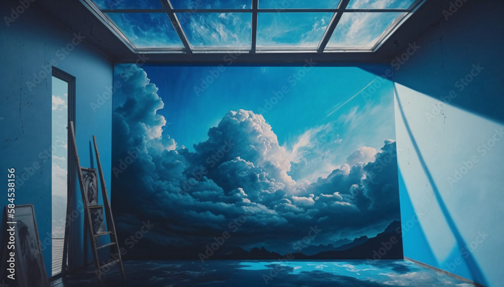 blue sky with clouds wall in the room of dream generative ai