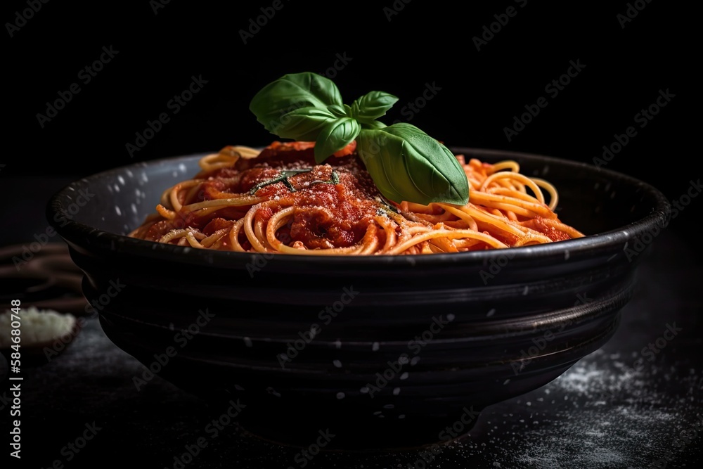 In a dark bowl, spaghetti and pasta with tomato sauce. stone that is gray in color. looking up. Up c