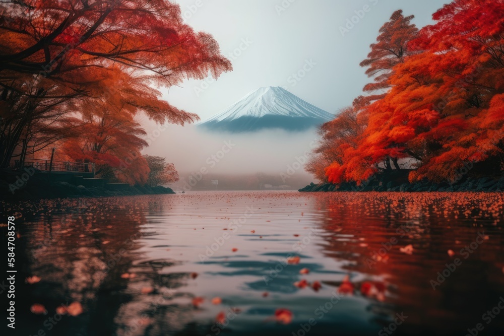 One of the best places to visit in Japan is the colorful Autumn Season with Mountain Fuji, morning f
