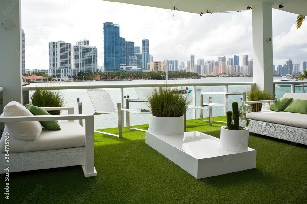 Artificial grass covered balcony with views of Miami Bay, white sofas, tables, and seats; palm trees