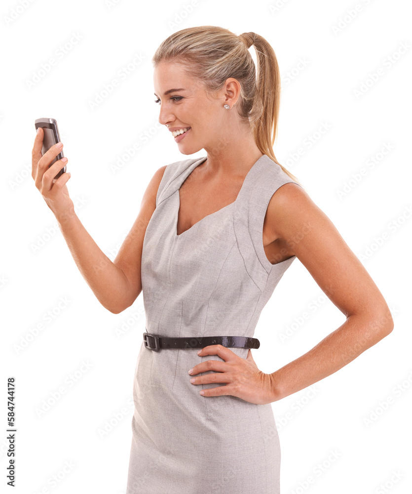 Business woman, smartphone or video call on an isolated and transparent png background in job interv