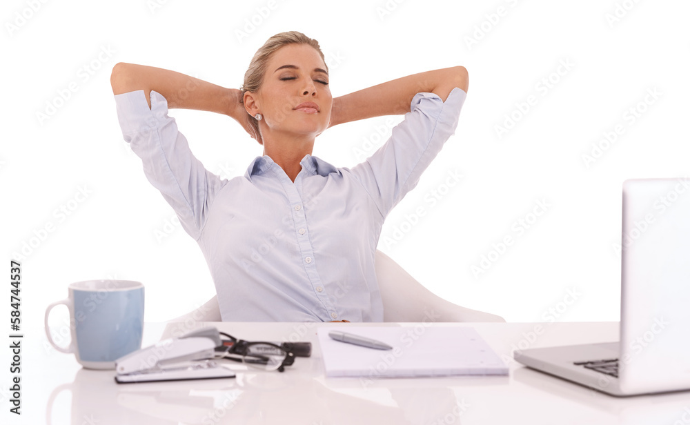 Corporate, working and relax with a business woman on an isolated, transparent png background sittin