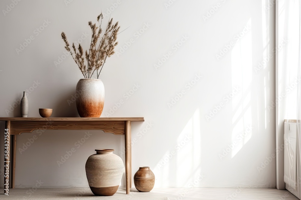 White wall with vase and plant. Generative AI