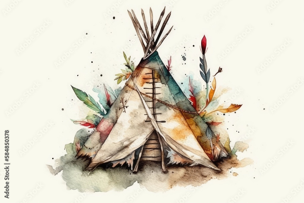Watercolor indigenous teepee, tent, and arrow. Native American boho jewelry. Arrows, feathers, Nativ