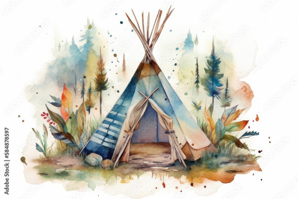Watercolor teepee campground tent. Bohemian American wigwam. Tee pee with feathers and arrows. Gener