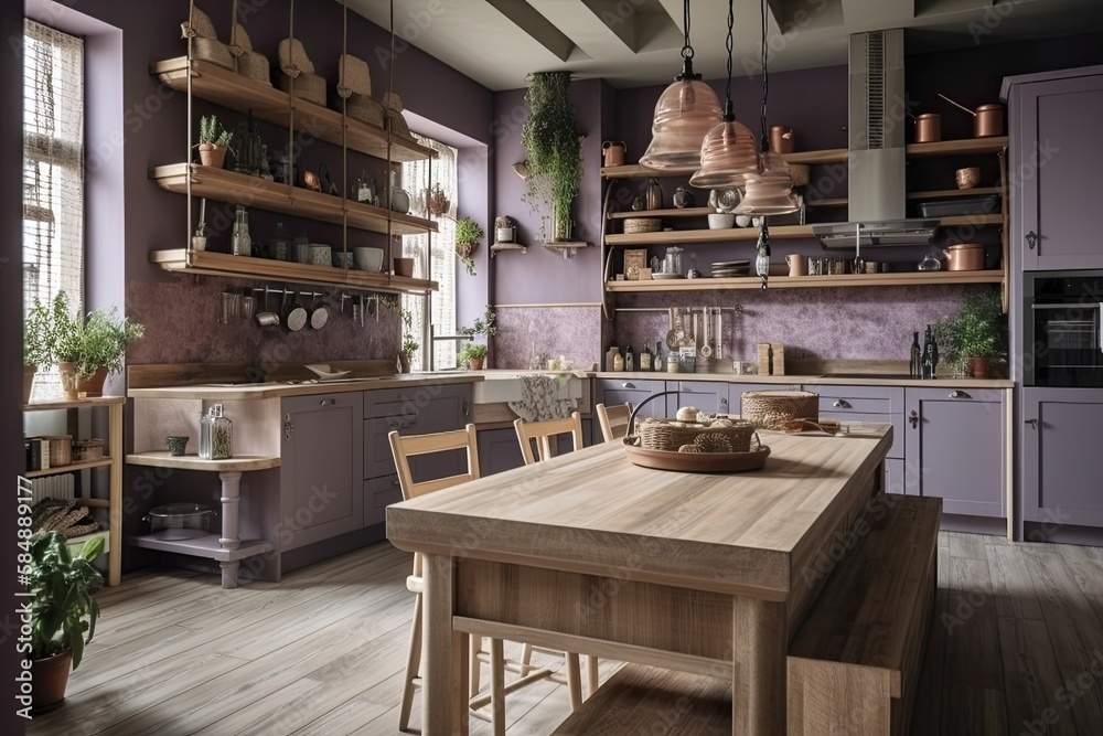 Purple and beige wooden kitchen with island and chairs. Shelves, cabinets, and parquet. Farmhouse bo