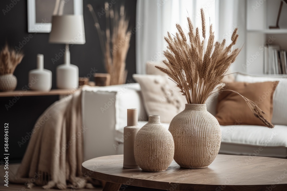 Room décor. Dried wheat in ceramic vases on a wooden table next to a nice light couch. Horizontal im